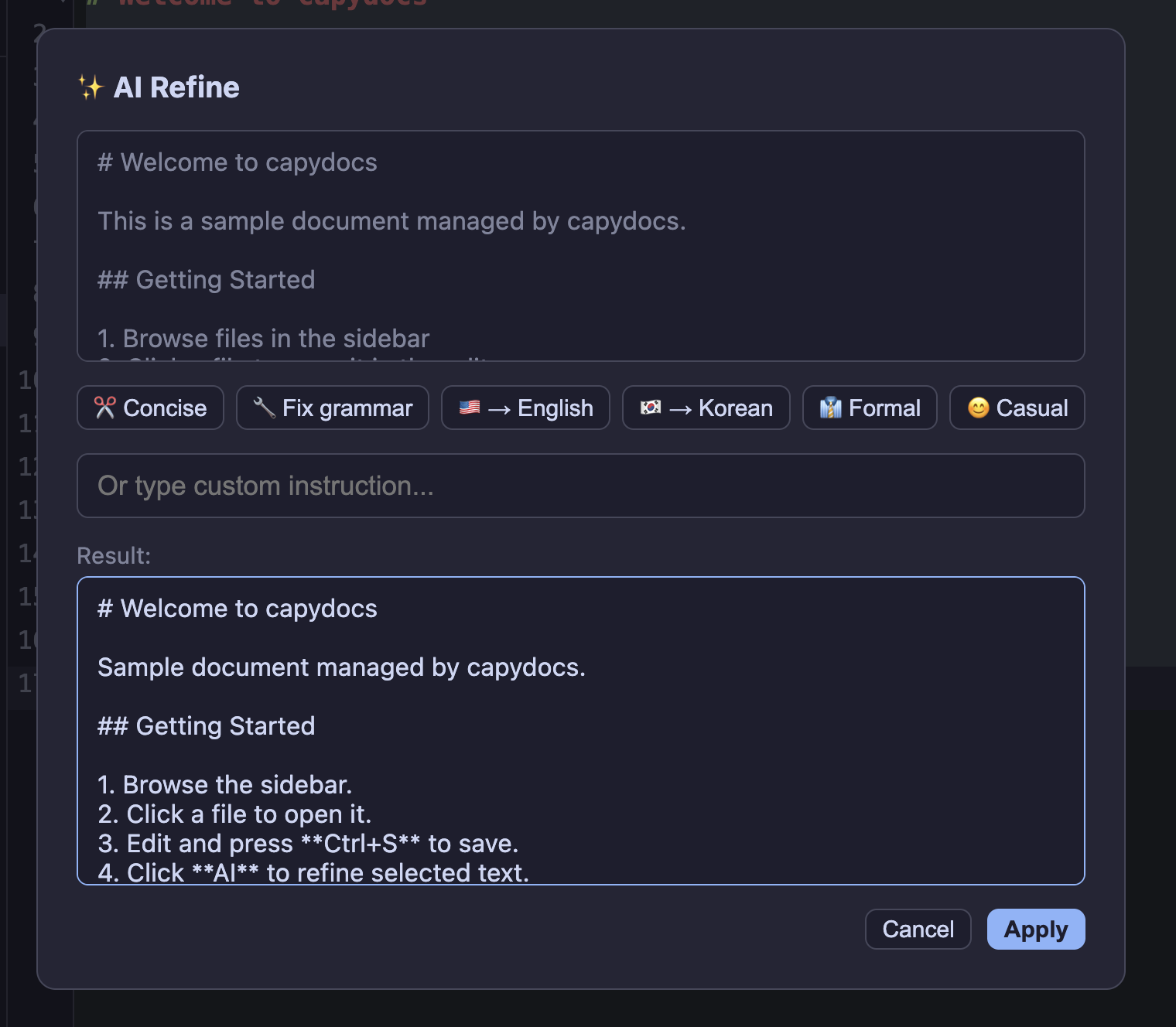 AI Refine 기능 — 텍스트를 선택하면 요약, 번역, 톤 변경을 한 번에